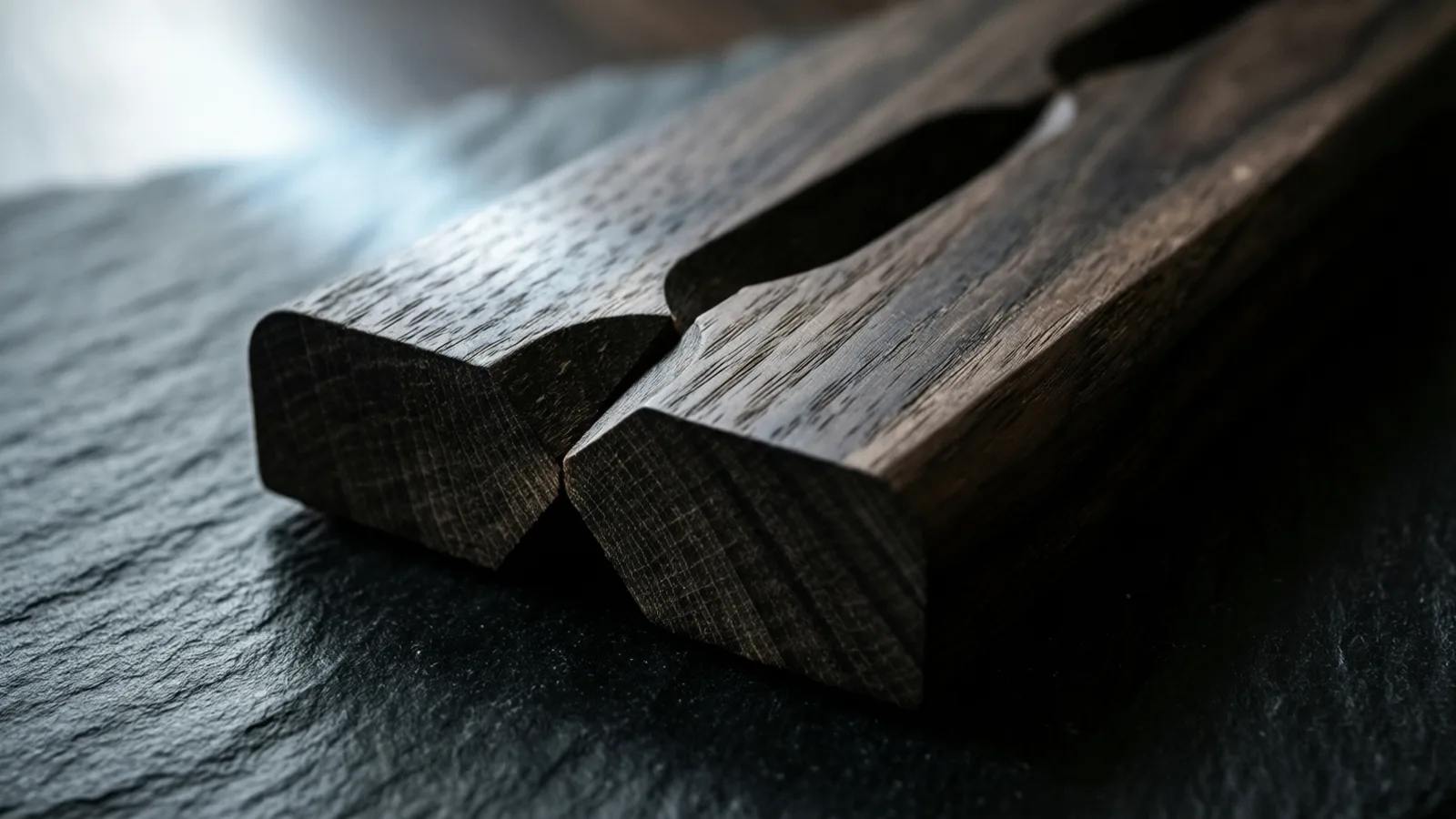 Two dark wooden beams lie side by side on dark slate, their long edges cut into matching curves that fit against each other, with cool light across the end grain.