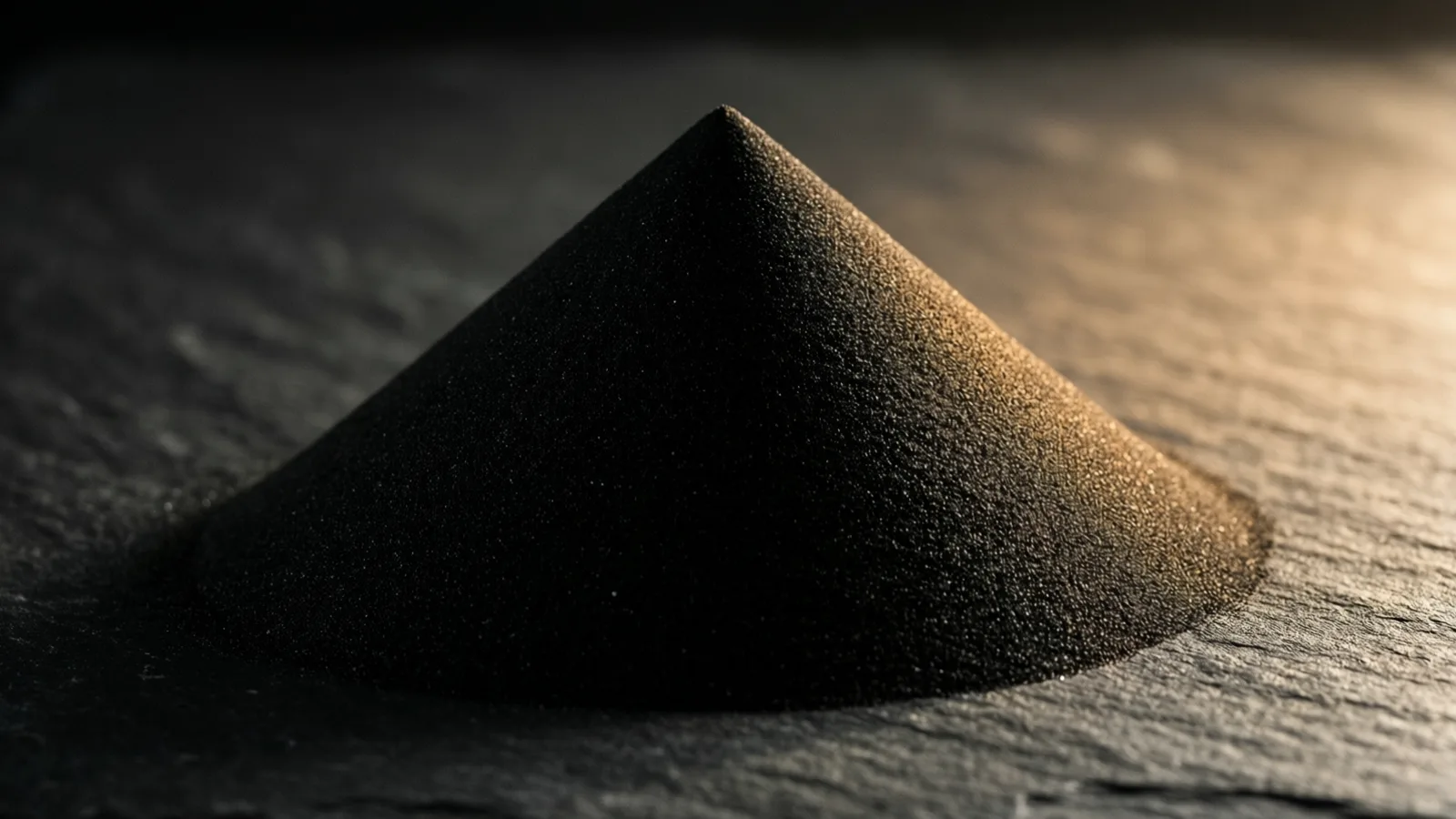 A steep cone of fine black sand rises to a sharp point on dark slate, warm light from the right glinting along one flank while the other side falls into shadow.