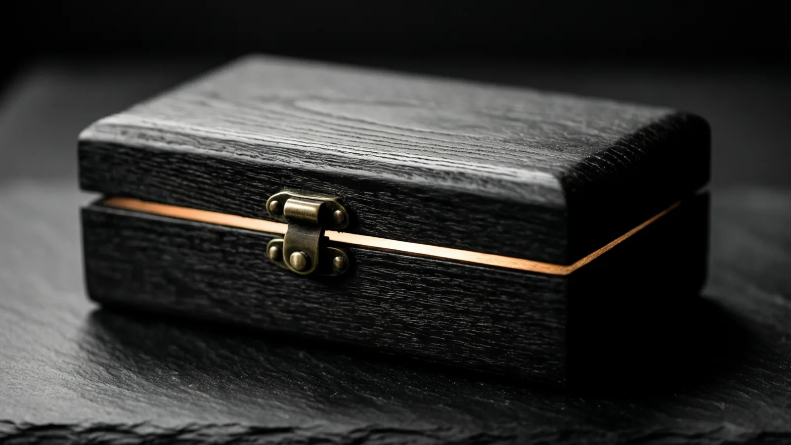 A small dark wooden box sits closed on dark slate, a brass clasp across the front and a thin brass line along the seam where the lid meets the body, light running along the grain of the lid.