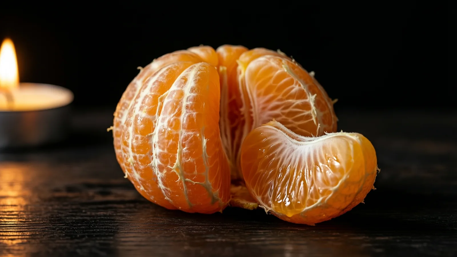 A peeled citrus fruit with its segments partly separated, one segment lying in front, rests on a dark glossy wooden surface. A small lit candle in a metal cup at the left lights the scene against a black background.