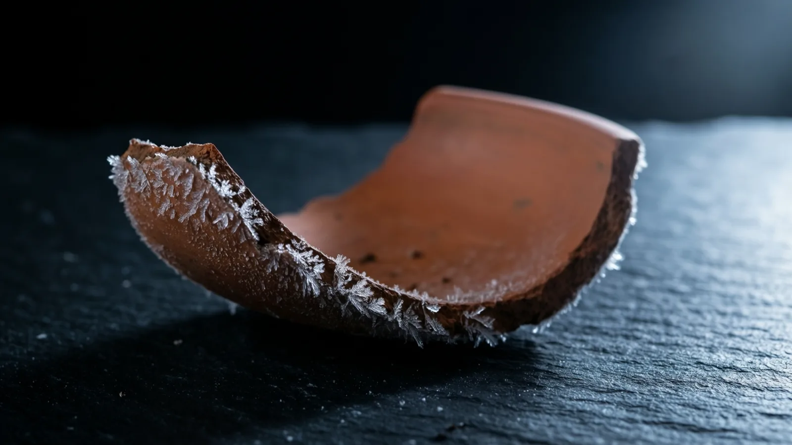 A curved, broken piece of reddish-brown terracotta with white frost crystals along its jagged edge, resting on dark textured slate. Light falls on the frosted edge and clay, against a black background.