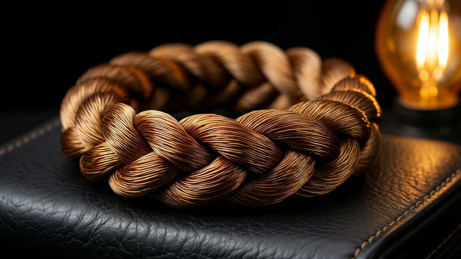 A thick braided band of fine golden-brown strands lies on a black stitched leather surface. Warm light catches the braid from the right, and a softly blurred glowing amber bulb sits against the dark background.