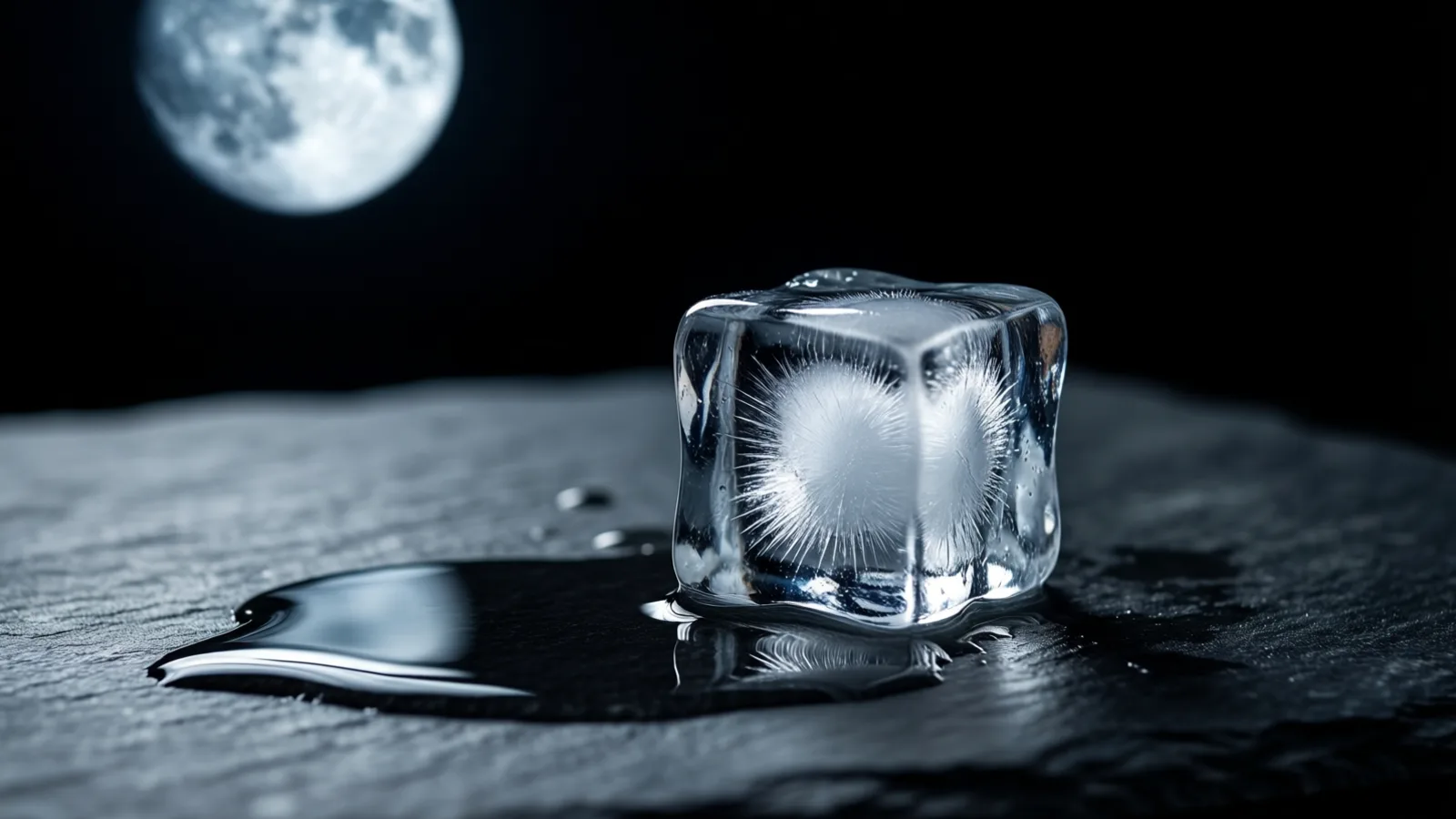 A clear ice cube with a white frosted burst inside sits on a dark grey slate surface beside a small puddle of meltwater. A full moon glows in the blurred black background at upper left.
