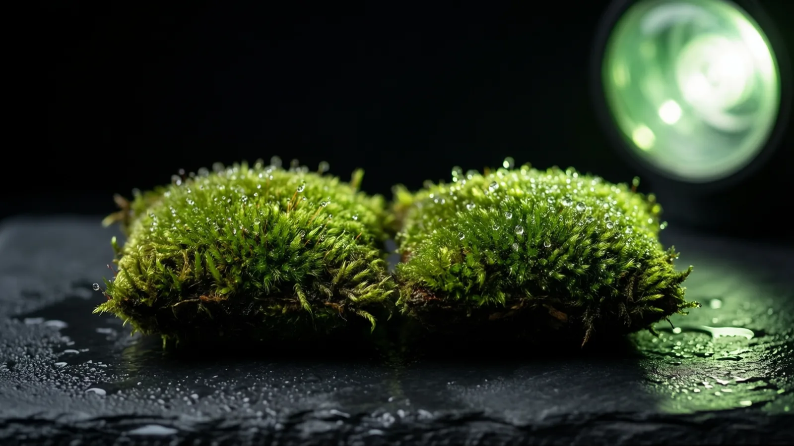 Dos almohadillas de musgo verde cubiertas de pequeñas gotas de agua descansan sobre una pizarra oscura y húmeda. Arriba a la derecha hay una luz verde circular desenfocada que deja un reflejo verdoso en la pizarra, con fondo negro.