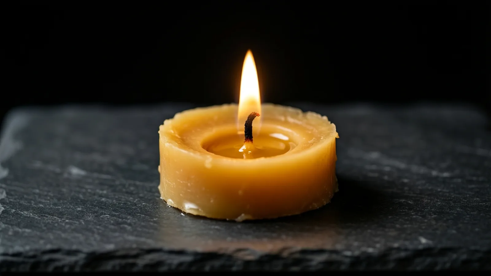 Una vela encendida de cera color ámbar, con un charco de cera derretida alrededor de una mecha oscura y curvada, sobre una losa de pizarra oscura. La llama es la principal fuente de luz y el fondo es negro.