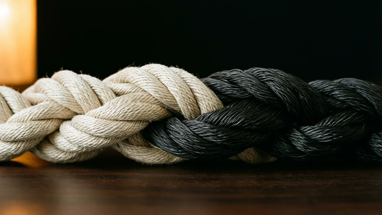Una cuerda gruesa trenzada, crema a la izquierda y negra a la derecha, sobre una superficie de madera oscura y pulida. A la izquierda, un bloque de luz cálida y desenfocada destaca sobre un fondo negro.