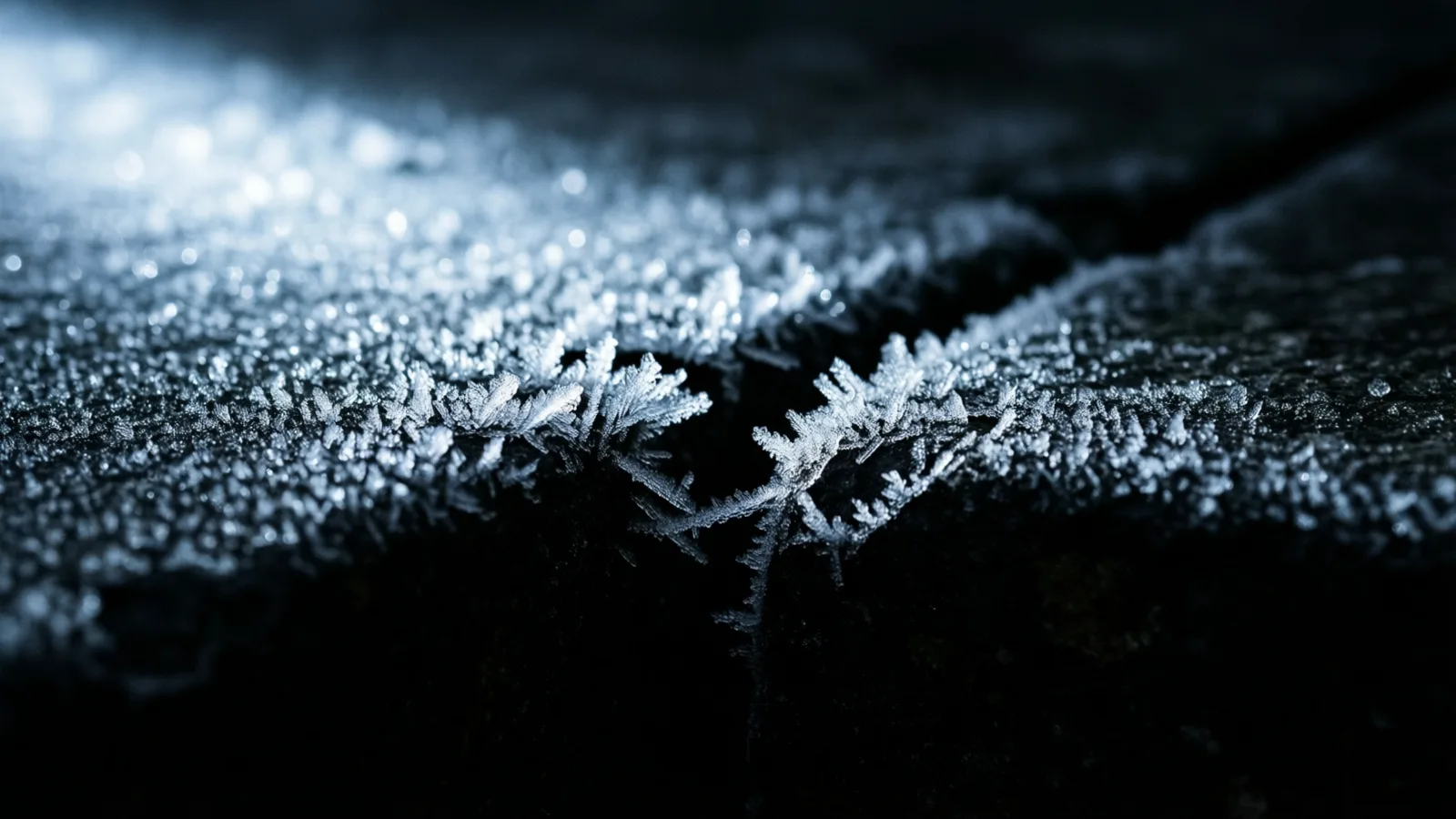 Delicados cristales de escarcha se extienden por el borde dentado de una piedra oscura, iluminados desde un lado por una luz fría de tono blanco azulado, mientras el resto de la superficie se pierde en sombra negra.
