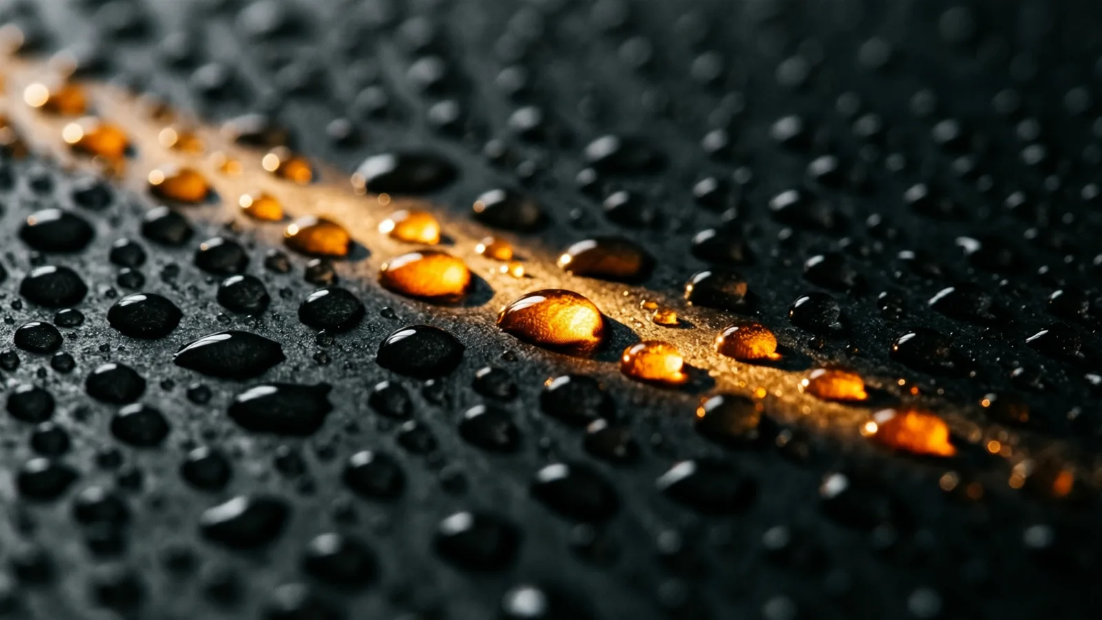 Hileras de gotas de agua redondas perlan una pizarra oscura; una única fuente de luz cálida enciende un destello brillante dentro de unas pocas, mientras la superficie que las rodea permanece en sombra profunda.