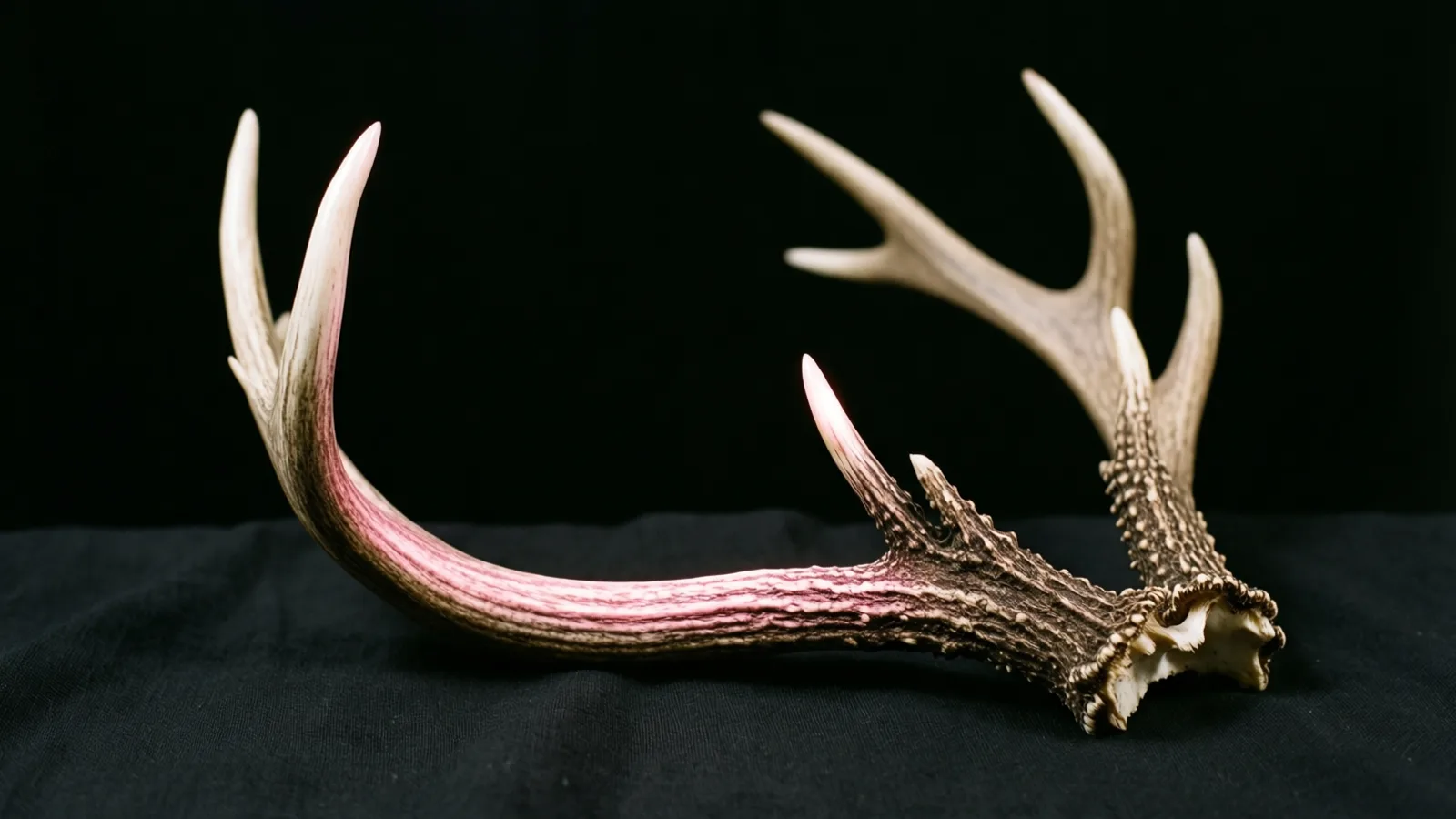 A pale, branched antler with a textured brown base and pink-tinted tines rests on dark fabric. Light falls along the curved main beam and the tips, and the background behind it is solid black.
