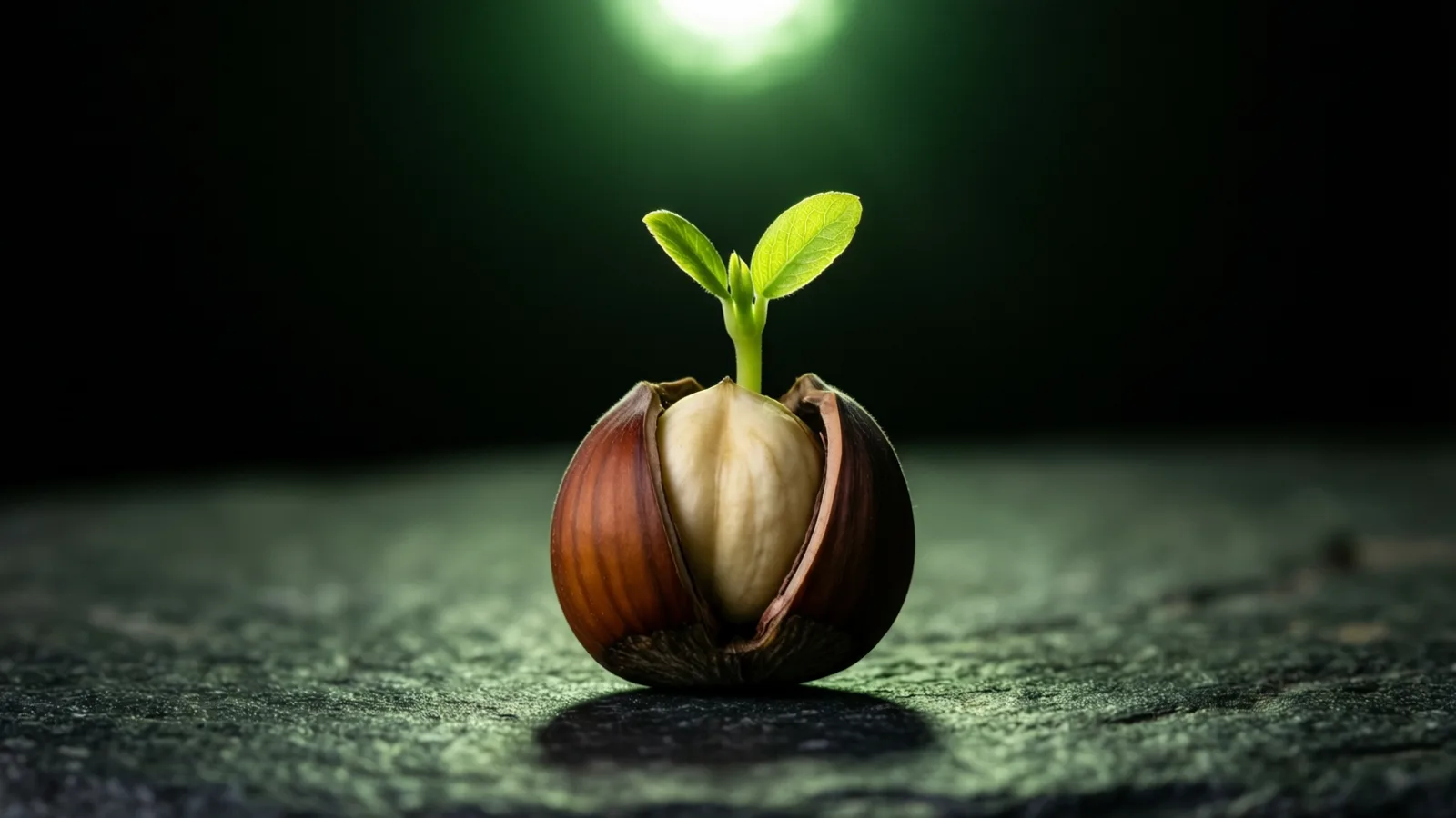 A split brown seed shell holds a pale kernel with a small green shoot and two bright leaves rising from it. It sits on dark, rough stone, lit by a glowing green light above in a dark background.