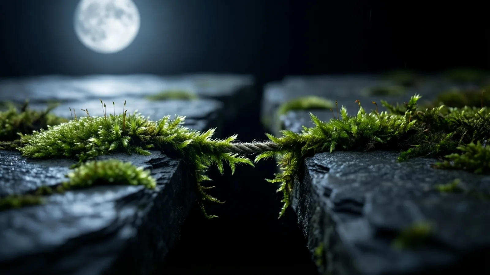 Two dark, wet stone slabs face each other across a narrow gap, with green moss growing on their edges and a thin twisted cord joining the moss across the gap. A full moon glows in the dark sky behind.