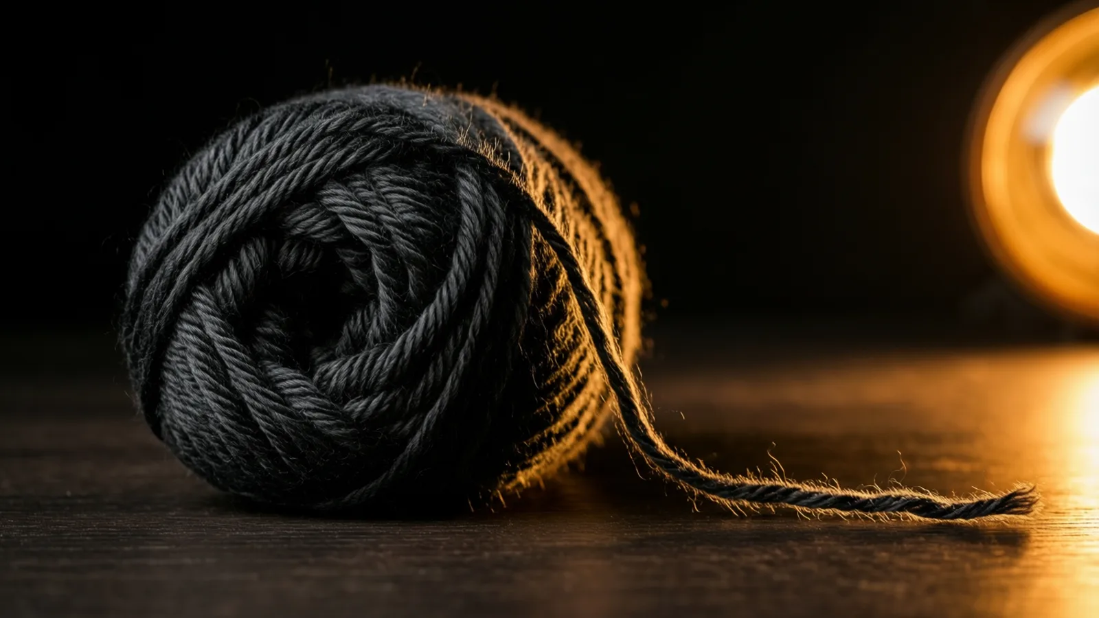 A ball of dark grey yarn with a loose strand trailing to the right lies on a dark wooden surface. A warm orange light glows out of focus at the right edge, catching the fuzzy fibres, against a black background.
