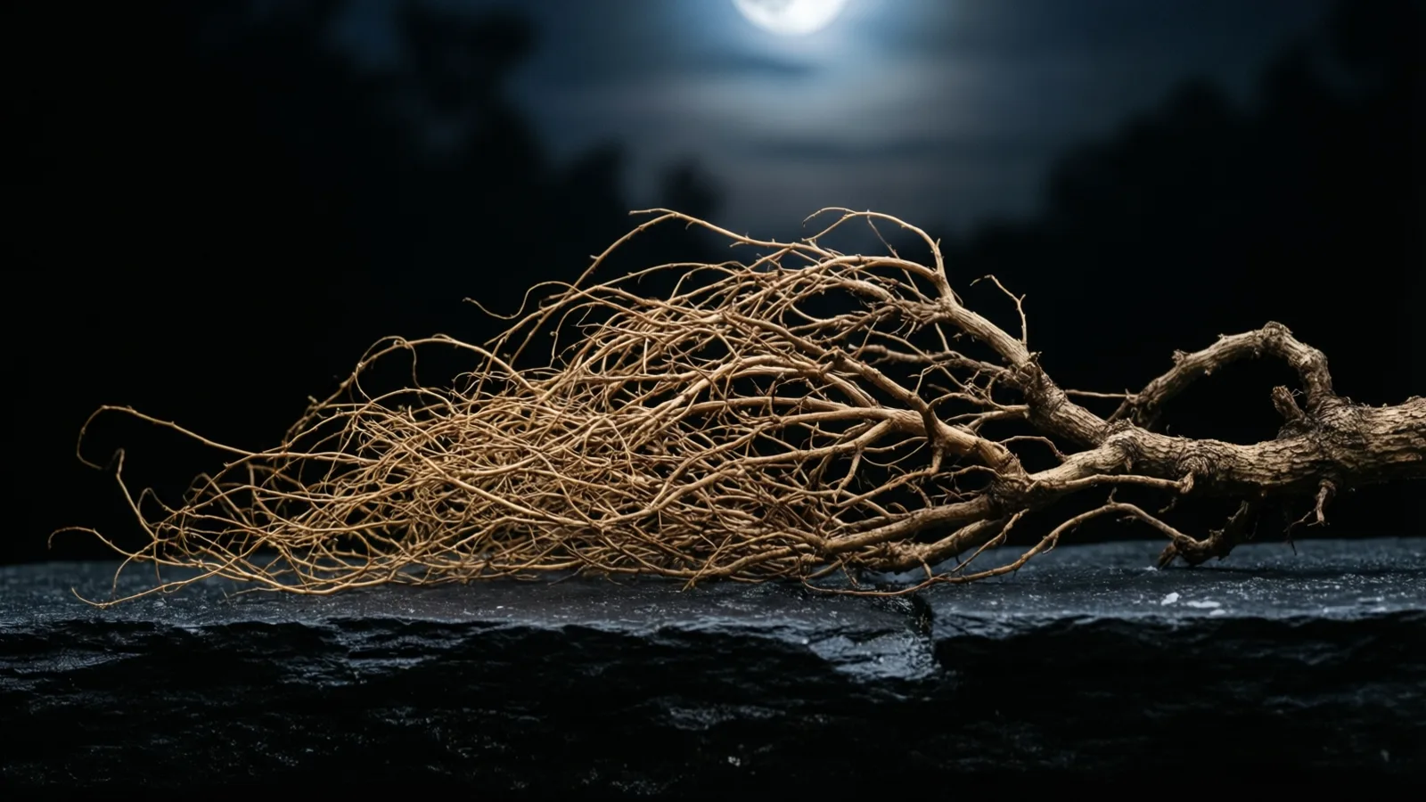 A tangled mass of thin, dry, tan roots with a thicker gnarled branch on the right lies on a dark rough stone ledge. A blurred moon glows faintly in the dark sky behind.