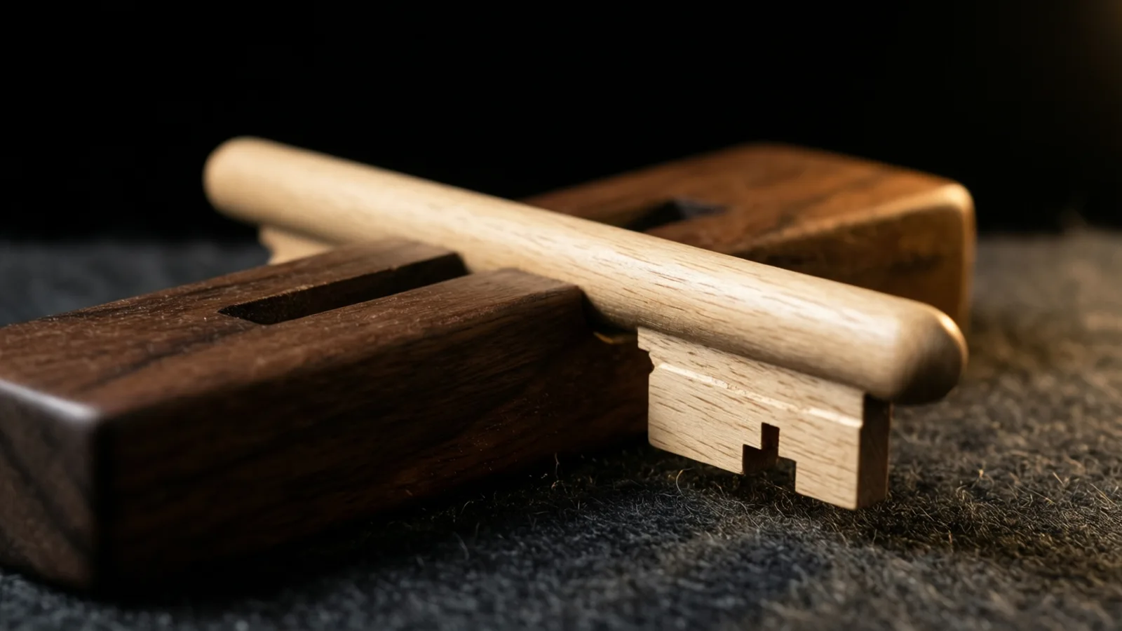 Una llave de madera clara descansa sobre un bloque de madera marrón oscuro con ranuras rectangulares, apoyado en una tela gris afelpada. La luz cae sobre todo en la llave y en el frente de la madera oscura, con un fondo negro.