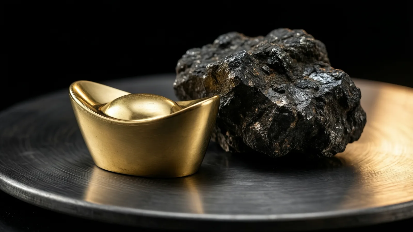 Un lingote de metal dorado con extremos curvados hacia arriba descansa junto a una roca negra y rugosa sobre un plato redondo de metal cepillado. La luz resalta el dorado y el lado derecho del plato, con un fondo negro.