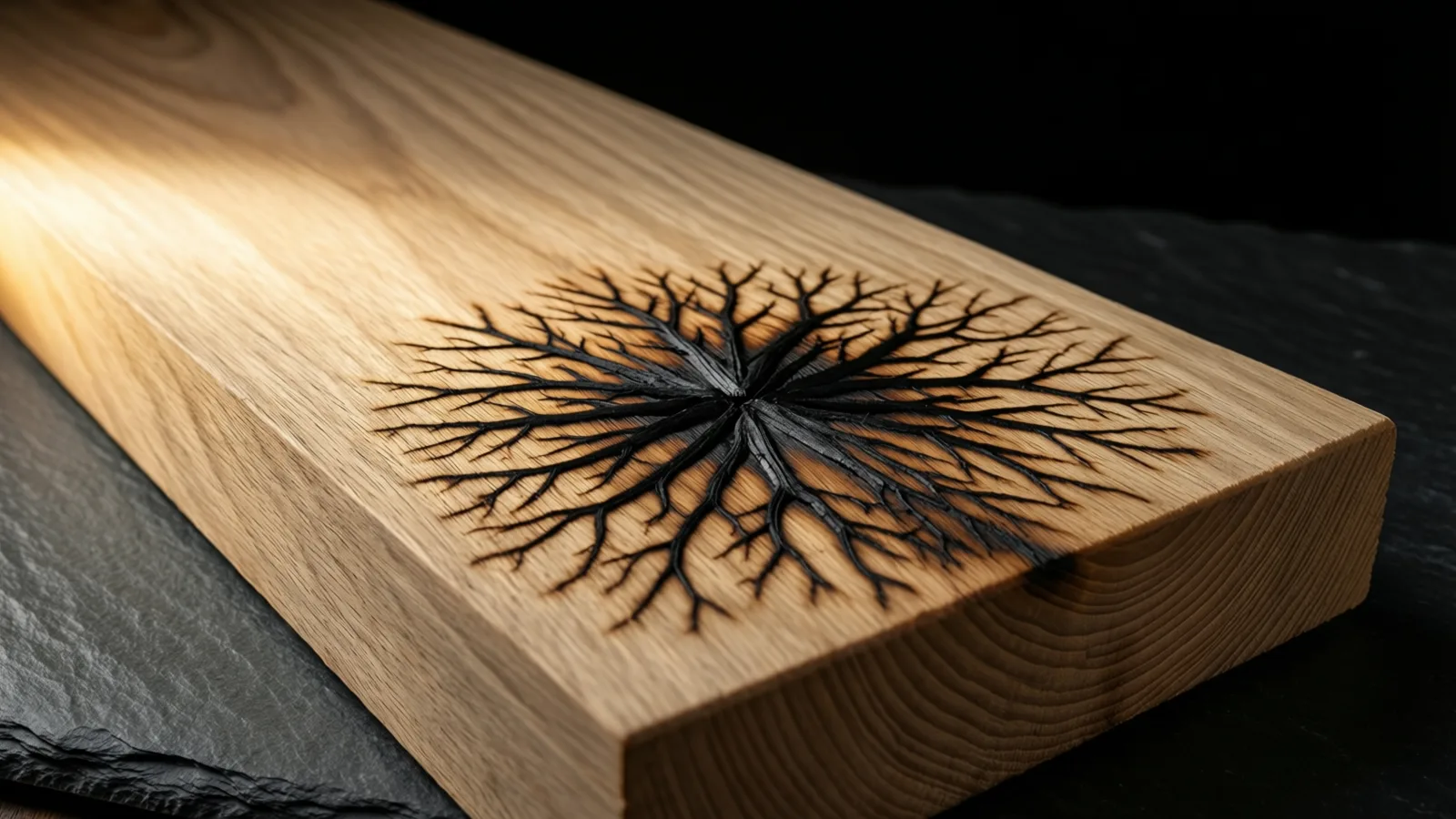 Una tabla de madera clara descansa en ángulo sobre una losa de piedra oscura, con un patrón ramificado negro y quemado que se extiende desde un punto central por su superficie. La luz cálida cae sobre la parte superior izquierda de la tabla, frente a un fondo negro.