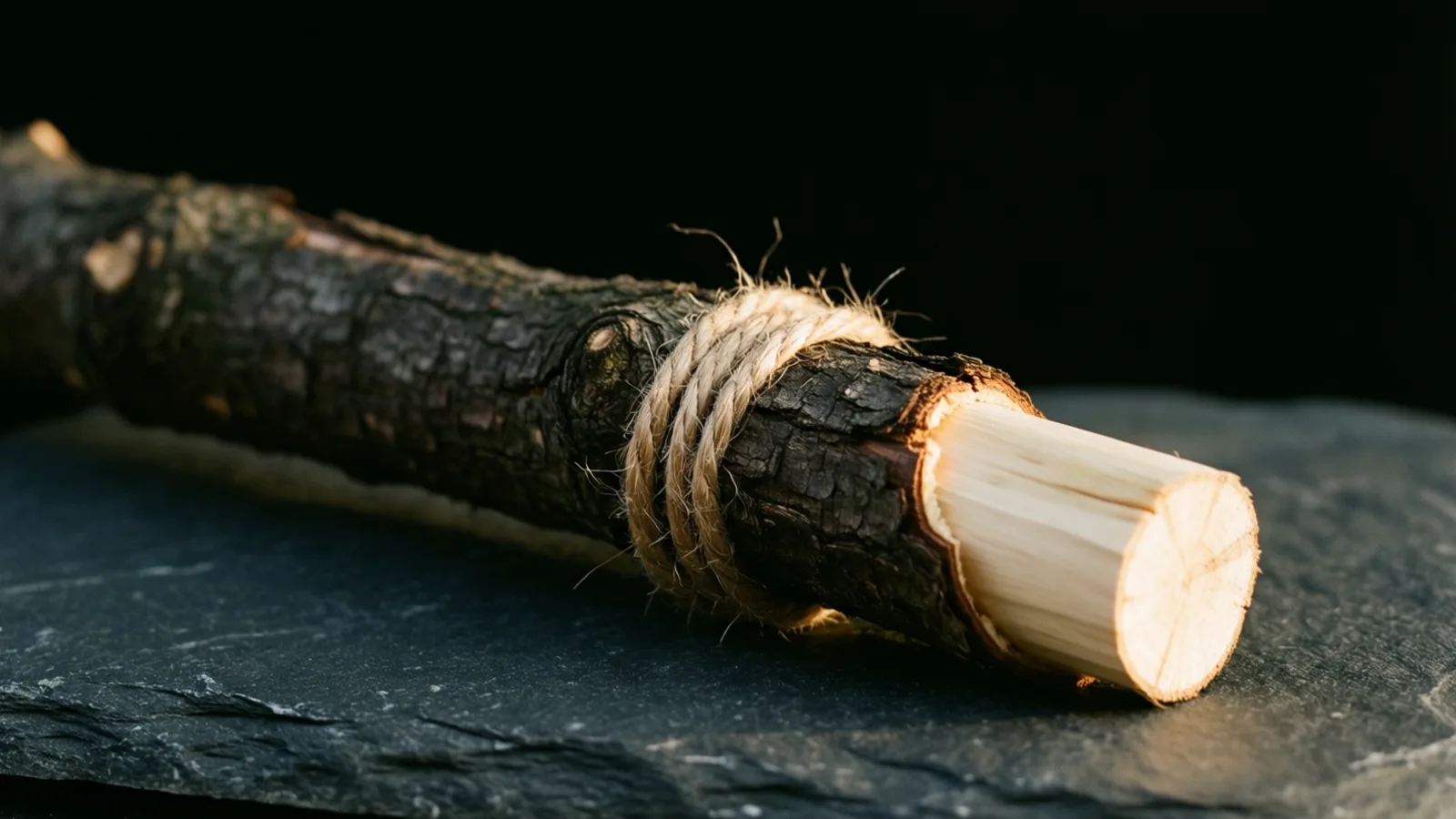 Una rama cubierta de corteza con un extremo claro recién cortado y unas cuantas vueltas de cuerda alrededor, sobre una superficie de piedra oscura. La luz cae sobre el extremo cortado y la cuerda, y el fondo es negro.
