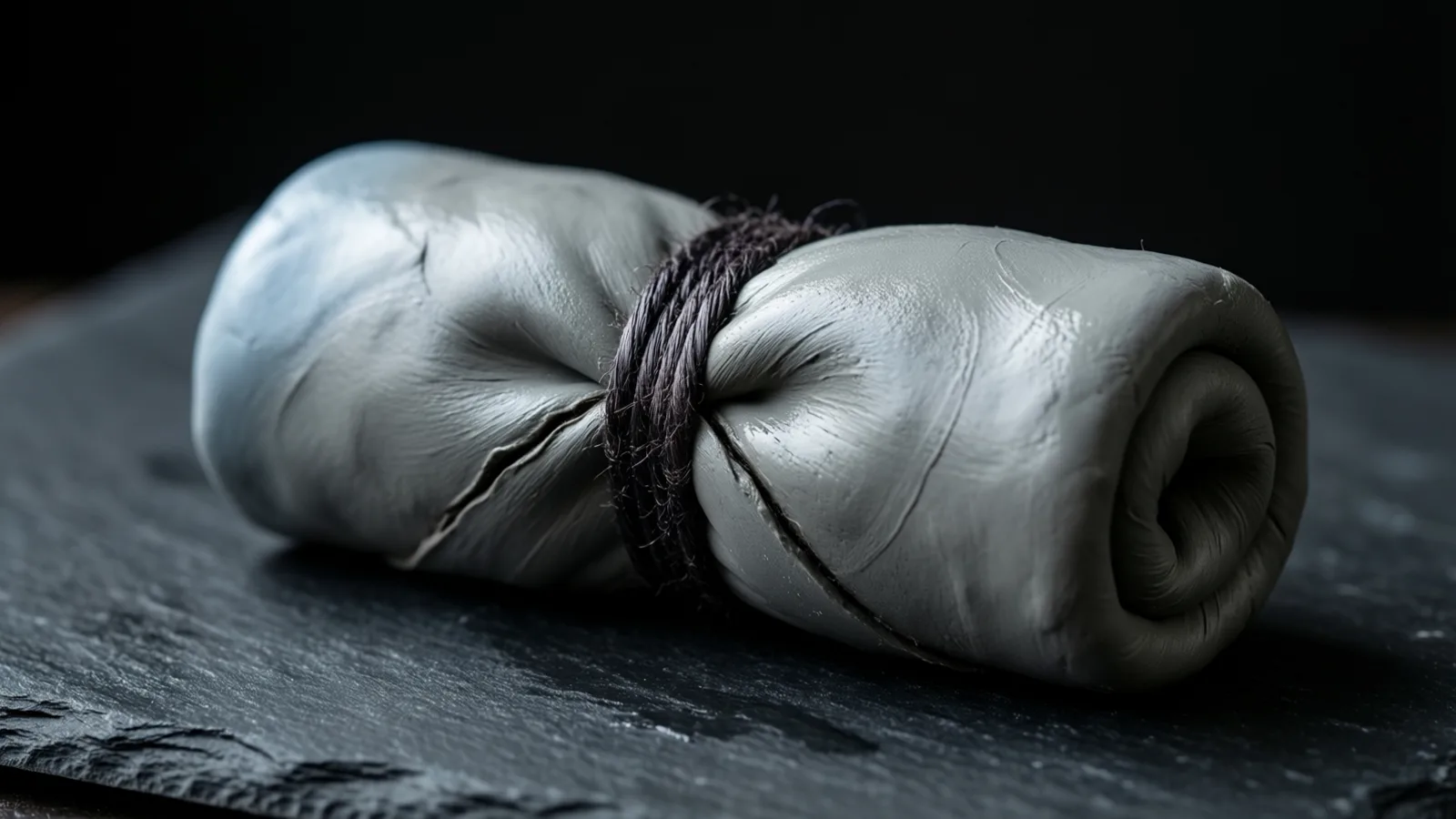 Una forma gris suave y enrollada, apretada en el centro por varias vueltas de cordel oscuro, sobre una superficie de piedra oscura. La luz cae sobre la parte superior y el extremo izquierdo, y el fondo es negro.