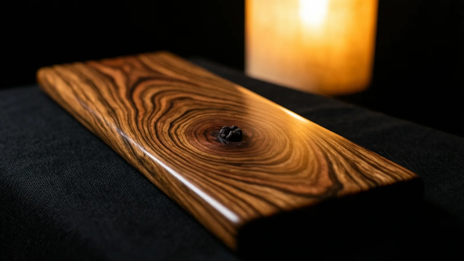 Una tabla de madera pulida con vetas en espiral alrededor de un pequeño nudo oscuro, sobre tela negra. La luz brilla a lo largo del borde izquierdo y la parte superior derecha, y al fondo, en la oscuridad, hay un cilindro ámbar brillante y desenfocado.