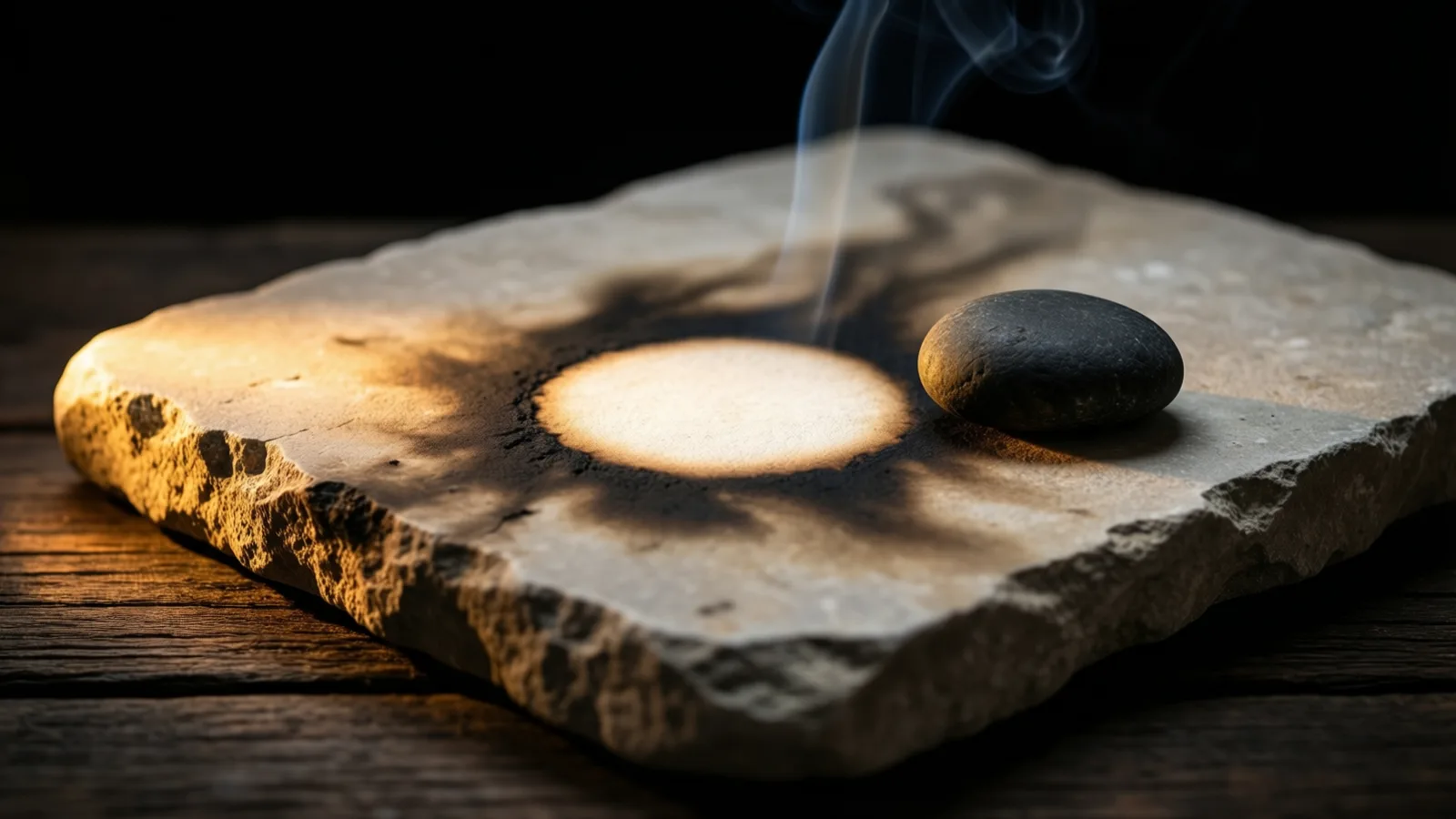 Una losa de piedra rugosa y clara sobre tablones de madera oscura, con un anillo oscuro y difuminado alrededor de una mancha redonda y brillante, y un guijarro liso y oscuro a un lado. La luz cálida cae sobre el borde izquierdo; un hilo fino de humo sube contra el fondo negro.