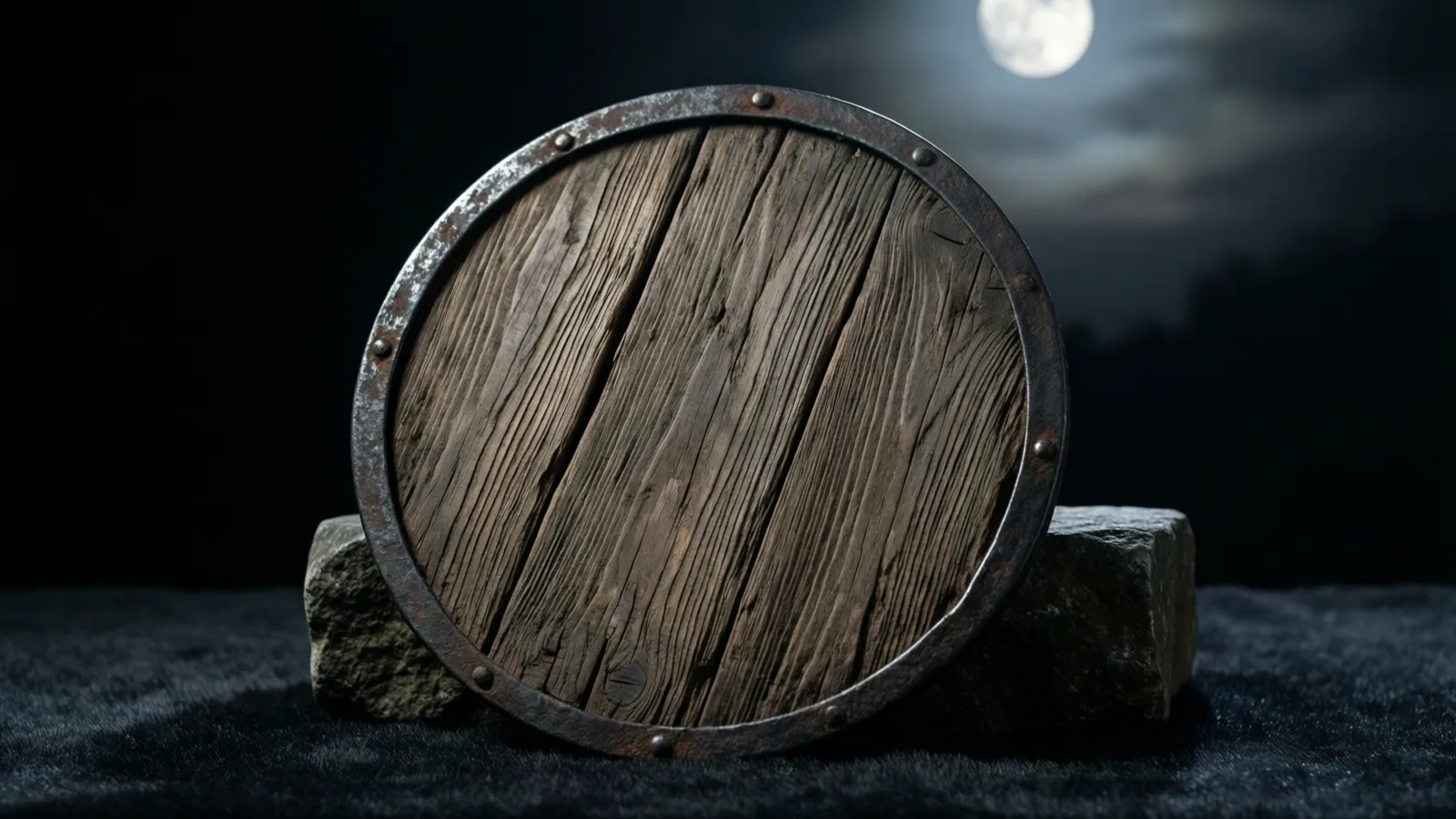 Un disco de madera con tablones envejecidos, rodeado por un borde metálico con manchas de óxido y pequeños remaches, se apoya contra piedras rugosas sobre una tela oscura y suave. Una luz suave cae sobre su cara y, al fondo, una luna llena asoma entre nubes finas.