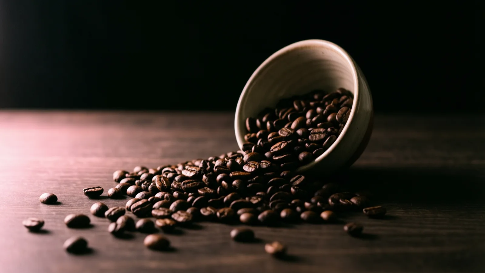 Granos de café tostado se derraman de un pequeño cuenco color crema volcado de lado sobre una mesa de madera oscura, con algunos granos sueltos esparcidos al frente. Una luz suave llega desde la izquierda y el fondo es negro.