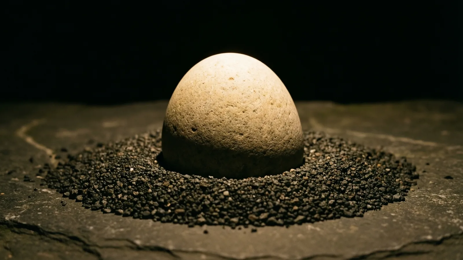 Una piedra clara, lisa y ovalada, con la superficie picada, está medio hundida en un anillo de grava oscura sobre una superficie plana de piedra. La luz cae desde arriba sobre su parte superior y el fondo es negro.
