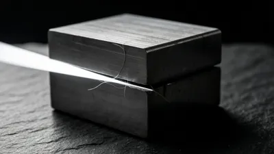 Two matte grey steel blocks with fine grinding marks sit stacked on dark textured slate, several pale strands caught in the thin gap along the seam where a narrow beam of white light grazes them.