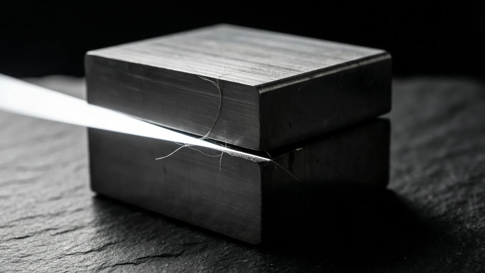 Dos bloques de acero gris mate con finas marcas de rectificado, apilados sobre pizarra oscura y texturizada, con varios hilos pálidos atrapados en la estrecha ranura de la unión, rozada por una luz rasante y blanca que entra desde la izquierda.