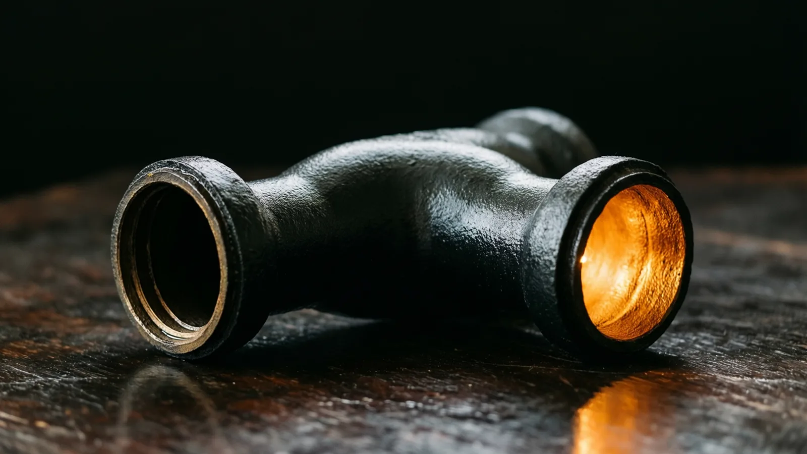 Una pieza de tubería de metal negro apoyada de lado sobre una superficie oscura, brillante y rayada, con extremos abiertos y roscados. Una luz cálida anaranjada brilla dentro del extremo derecho y se refleja en la superficie; el fondo es negro.
