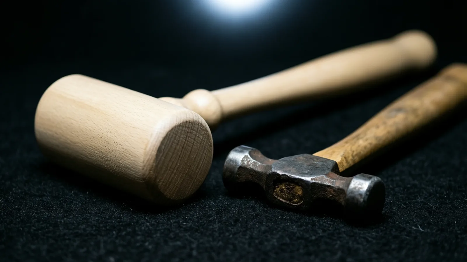 Un mazo de madera clara con mango torneado junto a un martillo pequeño de cabeza de metal oscuro y mango de madera gastado, sobre una tela negra texturizada. La luz cae sobre la cara frontal del mazo; un destello brillante aparece arriba al centro sobre un fondo oscuro.