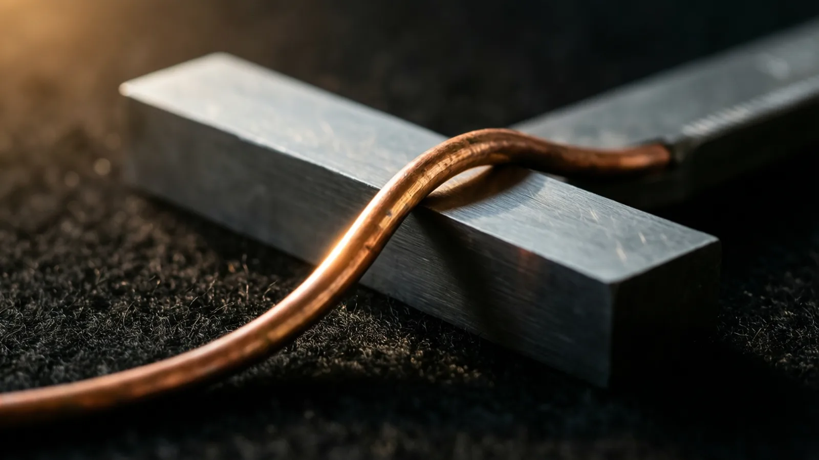 A burnished loop of copper wire pressed against the polished face of a steel gauge block, warm light along the copper's curve.