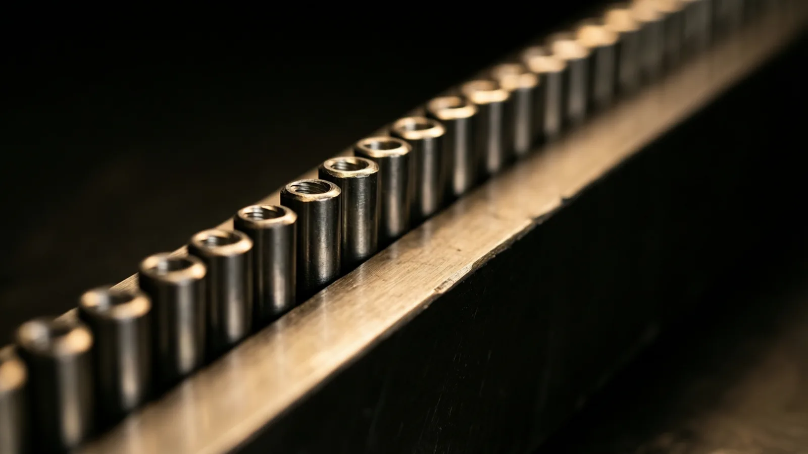 Short hollow steel cylinders stand in a close row along the edge of a bevelled brass coloured bar, one warm light raking down the bar and picking out each bright rim and the threads inside, everything else black.