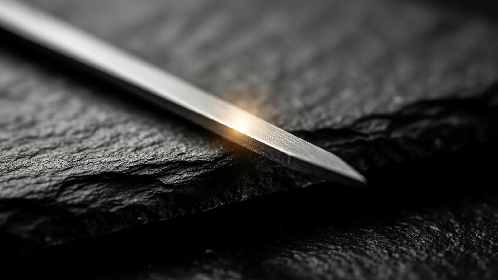 One metallic blade lies diagonally on a dark, rough-textured surface, light reflecting off its edge, creating a bright highlight near the tip.
