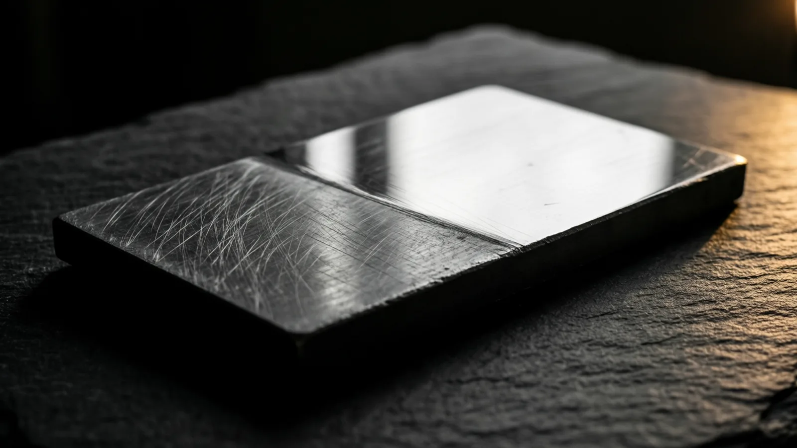 A steel plate on dark stone, scratched and dull across one half and polished to a mirror across the other.