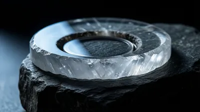 Un grueso anillo de cristal translúcido, de borde astillado y cara superior pulida, descansa sobre piedra oscura y rugosa, con un pequeño disco vítreo alojado en su centro abierto y una luz fría rasante que entra por la izquierda sobre un fondo negro.