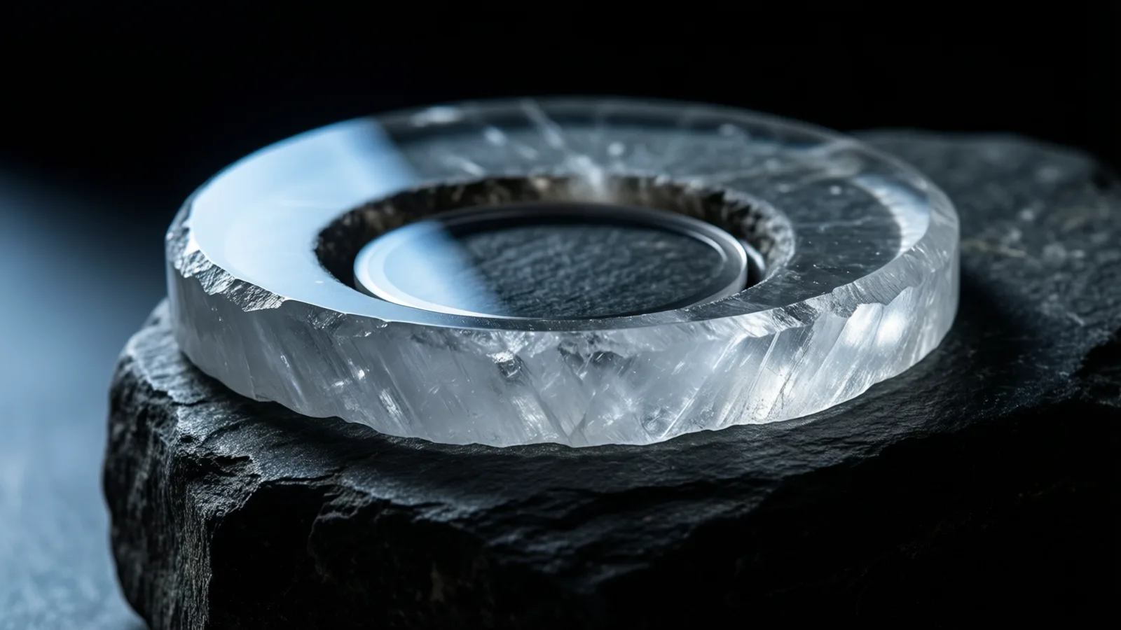 A thick translucent crystal ring with a chipped rim and a polished top rests on rough dark stone, a smaller glassy disc nested in its open center, cold light raking from the left against a black background.