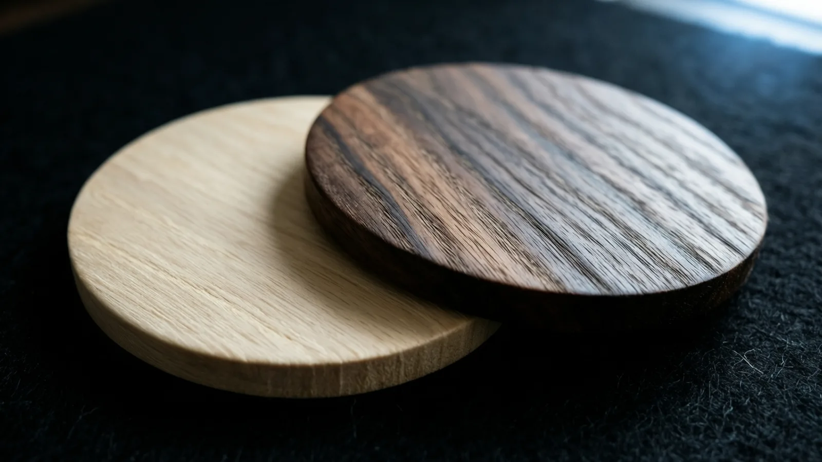 Dos discos redondos de madera se superponen sobre una tela negra: uno claro y de veta fina a la izquierda y otro más oscuro y veteado encima, a la derecha. Una luz suave desde la parte superior derecha cae sobre sus caras superiores; el fondo es oscuro.