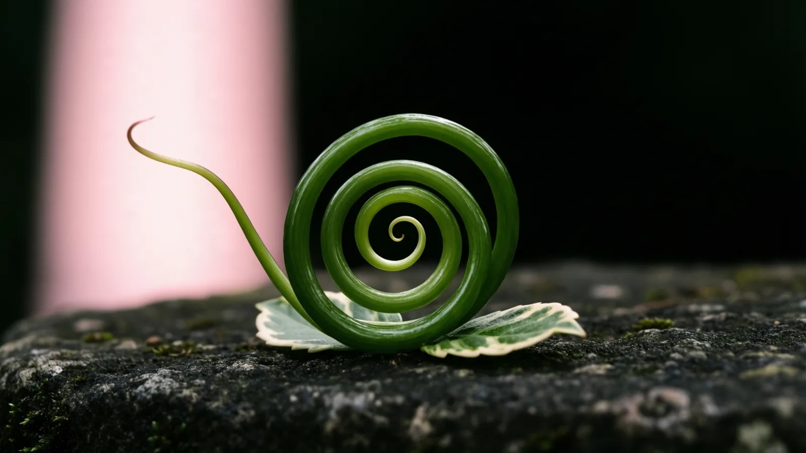 Un zarcillo verde y brillante enrollado en espiral, con una cola delgada que se curva hacia arriba a la izquierda, descansa sobre hojas verdes de borde crema, sobre piedra oscura cubierta de musgo. La luz cae sobre las espirales y una columna rosada desenfocada al fondo; el resto del fondo, a la derecha, es negro.