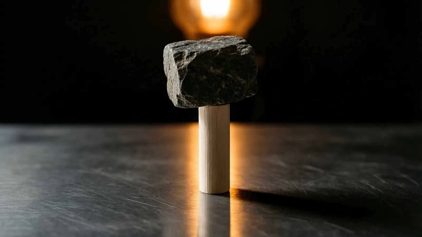 Una piedra rugosa y oscura se equilibra sobre un cilindro de madera clara que está sobre una superficie metálica oscura y rayada. Una luz cálida y desenfocada brilla en el fondo negro, con un reflejo anaranjado que se extiende por la superficie y una sombra que cae hacia la derecha.