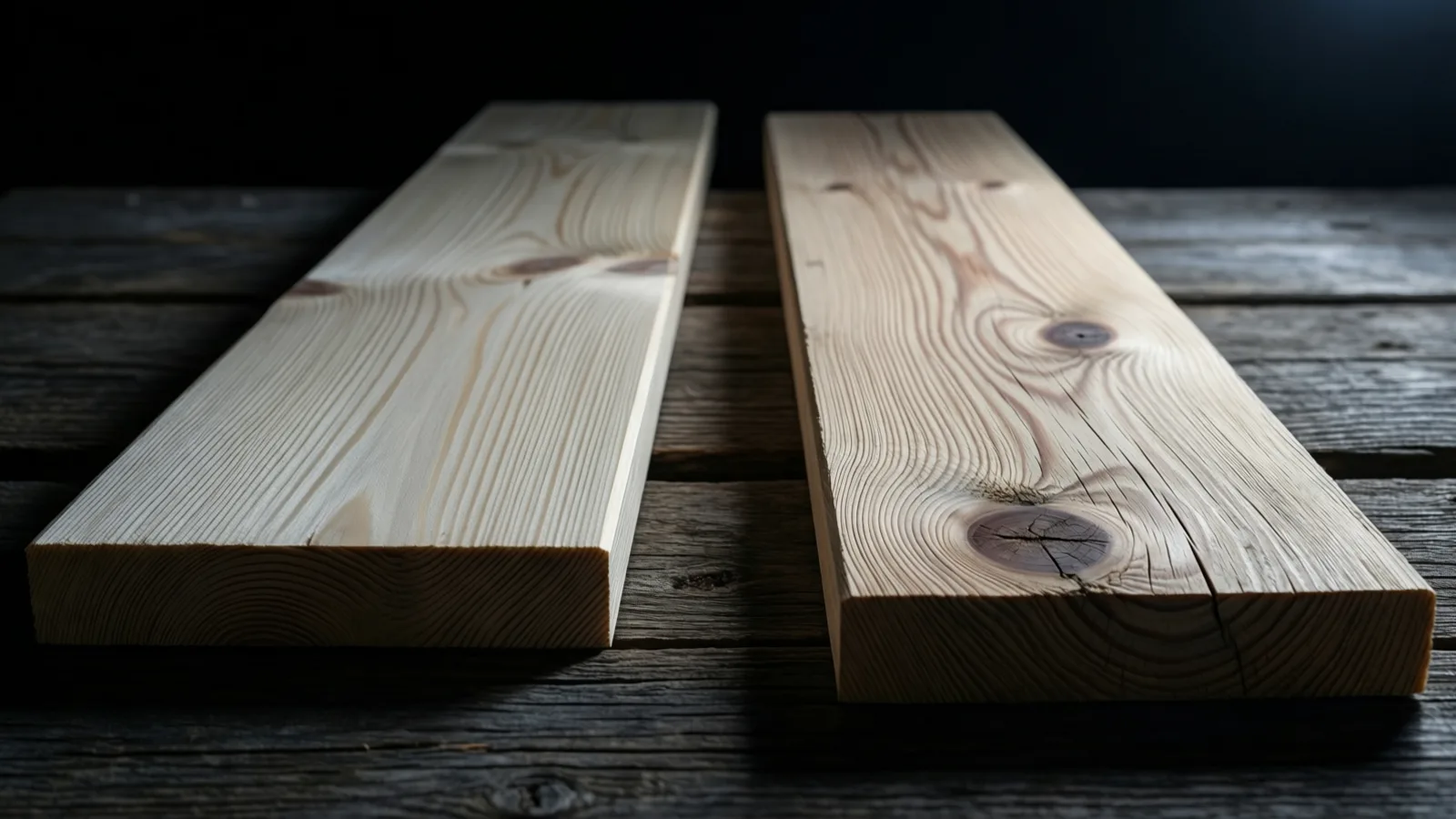 Dos tablas de madera clara con veta visible y algunos nudos descansan una junto a la otra sobre tablones de madera oscura y desgastada, inclinadas hacia quien mira. La luz recorre la parte superior y los extremos frontales de las tablas y deja sombra entre ellas; el fondo es negro.