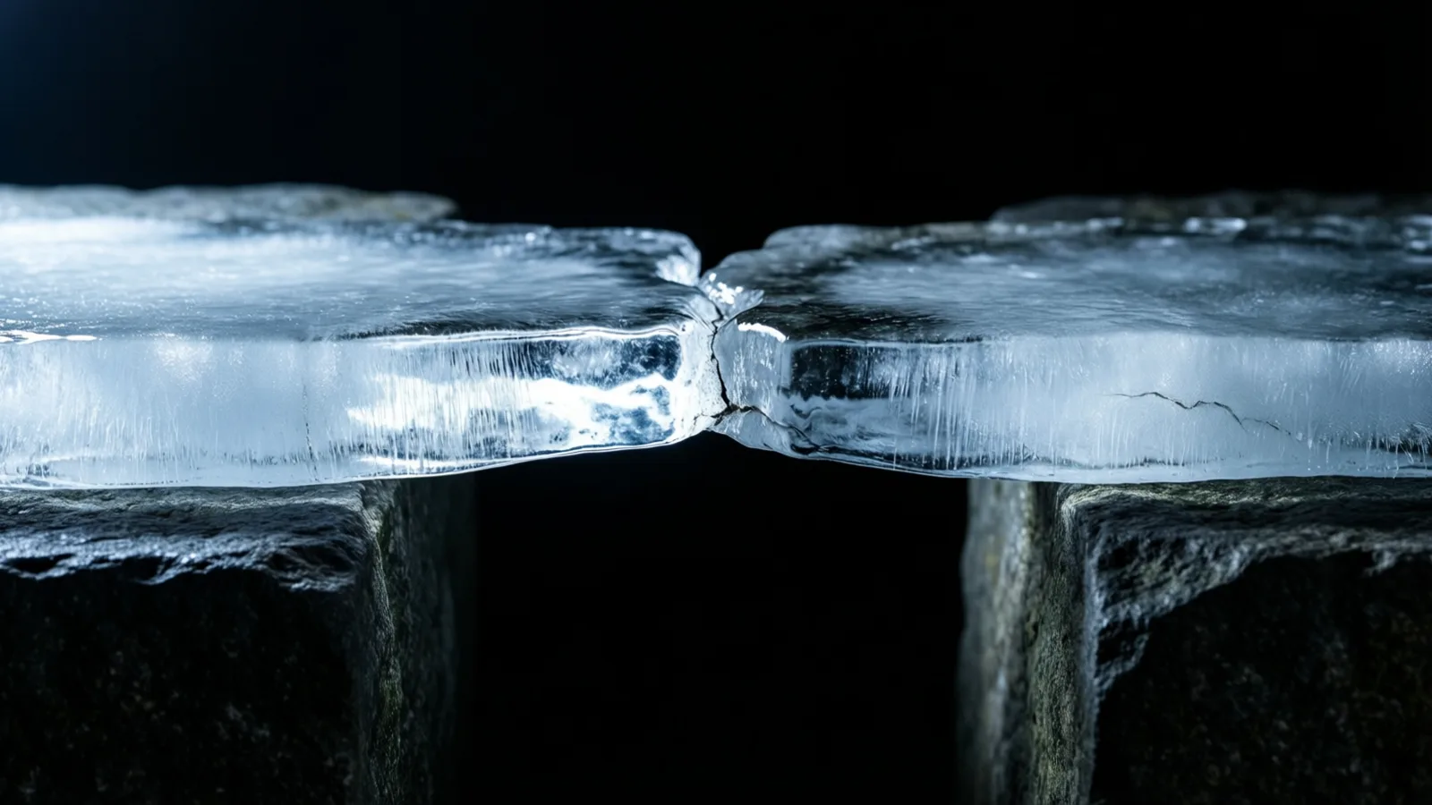 Una gruesa placa de hielo transparente salva dos bloques de piedra oscura y rugosa sobre un hueco negro, cediendo y quebrandose en el centro donde sus mitades se juntan en un estrechamiento, bajo una luz rasante fría azulada que recorre su canto estriado.