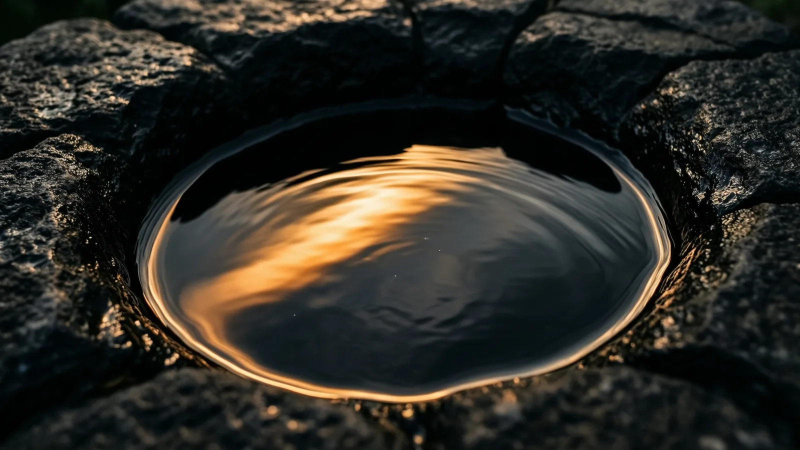 Un charco oscuro de aceite descansa en el hueco de una piedra negra y rugosa; una luz cálida arranca un brillo tornasolado en su borde mientras el resto de la piedra permanece en sombra profunda.