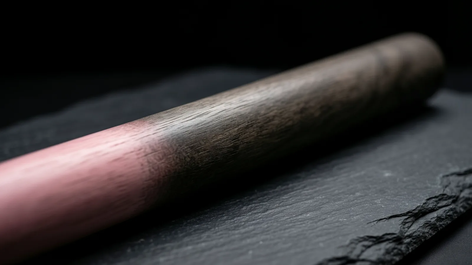 Una vara de madera lisa y redonda, rosada en un extremo y gris pardusca y envejecida en el resto, está tendida en diagonal sobre una losa de pizarra oscura. Una luz suave recorre la veta de la madera y el fondo es negro y desenfocado.