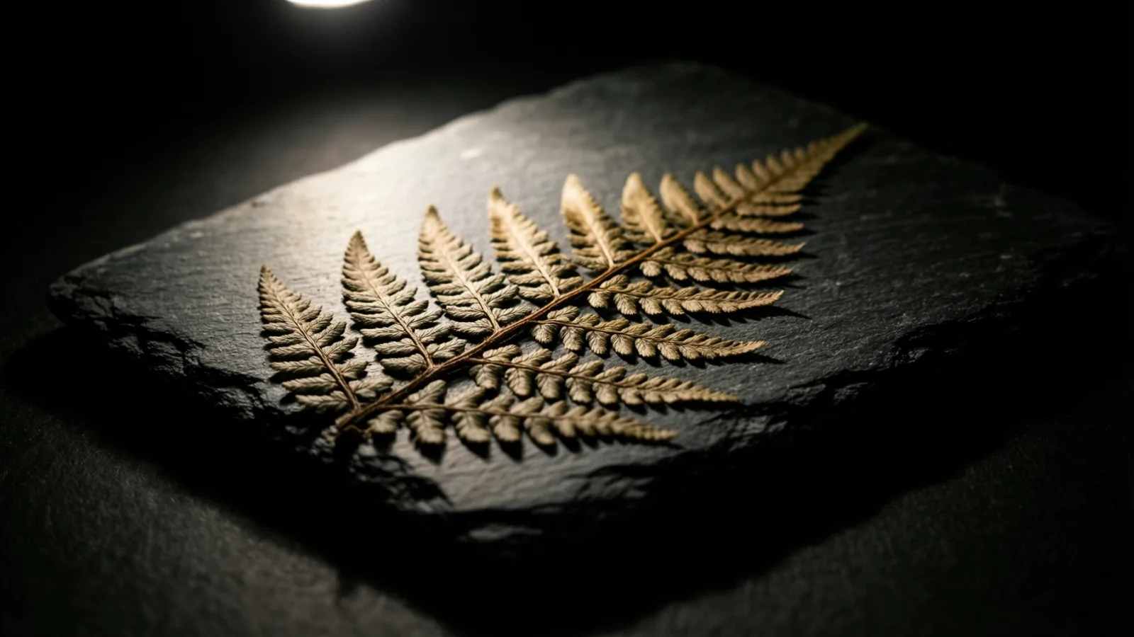 Una fronda de helecho de tono dorado y beige yace prensada sobre una losa de pizarra plana y rugosa. Una fuente de luz brillante en el borde superior ilumina la piedra y la hoja desde arriba, y el entorno queda en sombra negra.