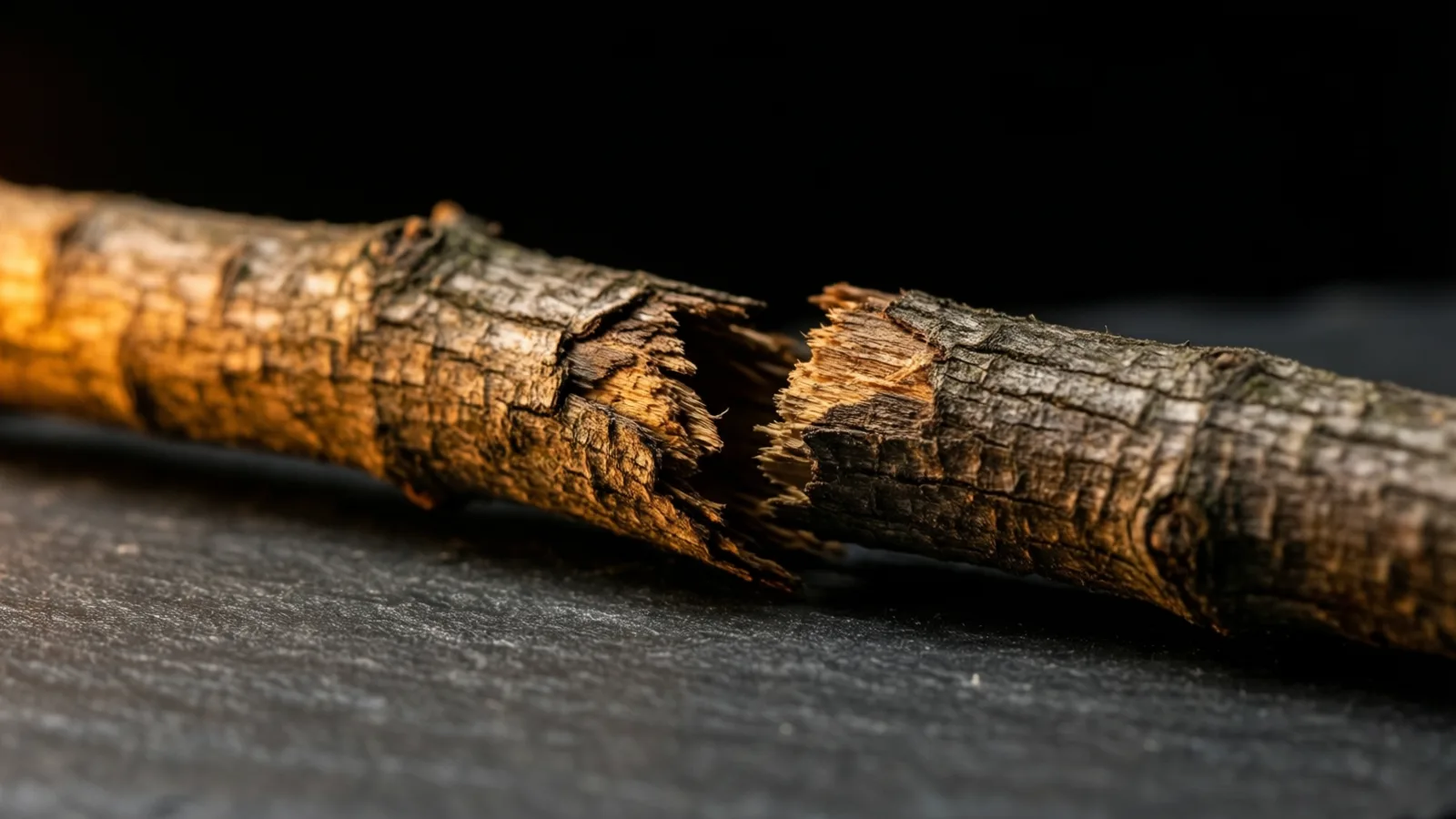 Una rama de madera con corteza rugosa partida en dos, con los extremos astillados enfrentados y un pequeño espacio entre ellos. Descansa sobre una superficie de piedra gris oscura, con luz cálida desde la izquierda y fondo negro.