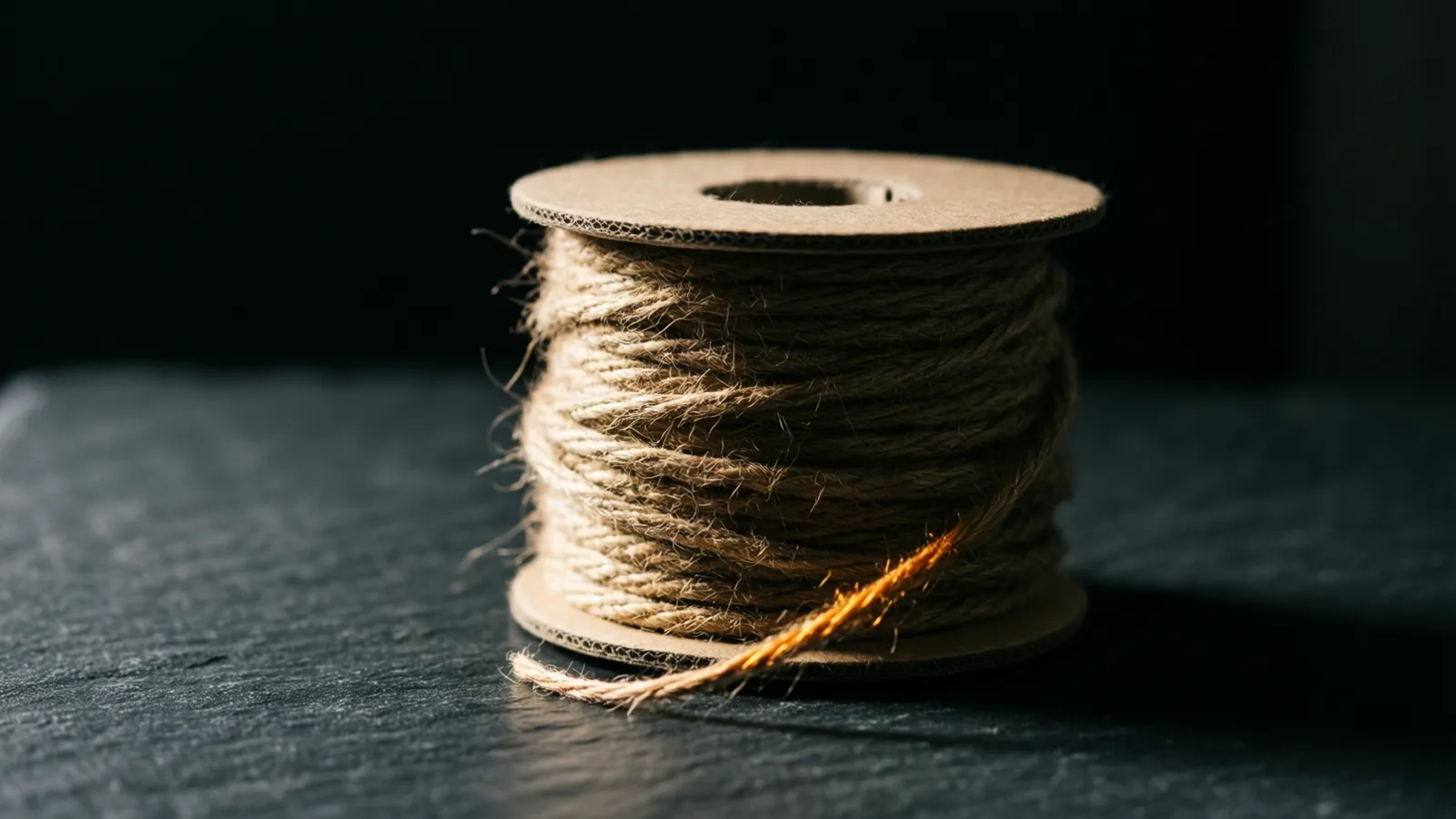 A coil of natural twine wound tightly around a kraft-card spool on a dark stone surface, a warm band of light crossing its center.