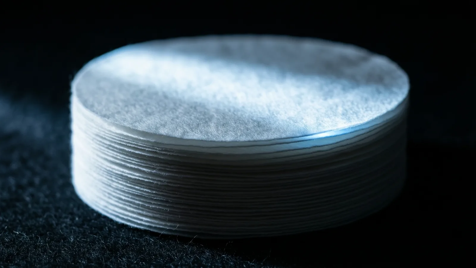 A neat stack of round filter paper discs on dark felt, their layered edges lit by a cool blue-white light from one side.