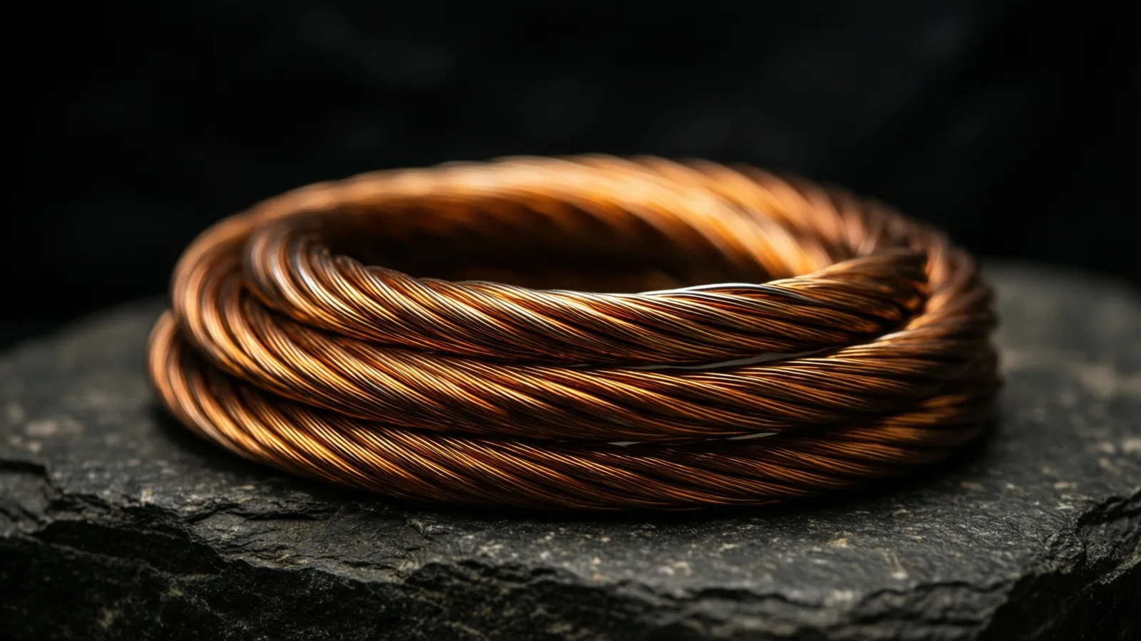 A length of bare wire coiled into tight loops on rough dark stone, a warm shaft of light catching its metal surface.