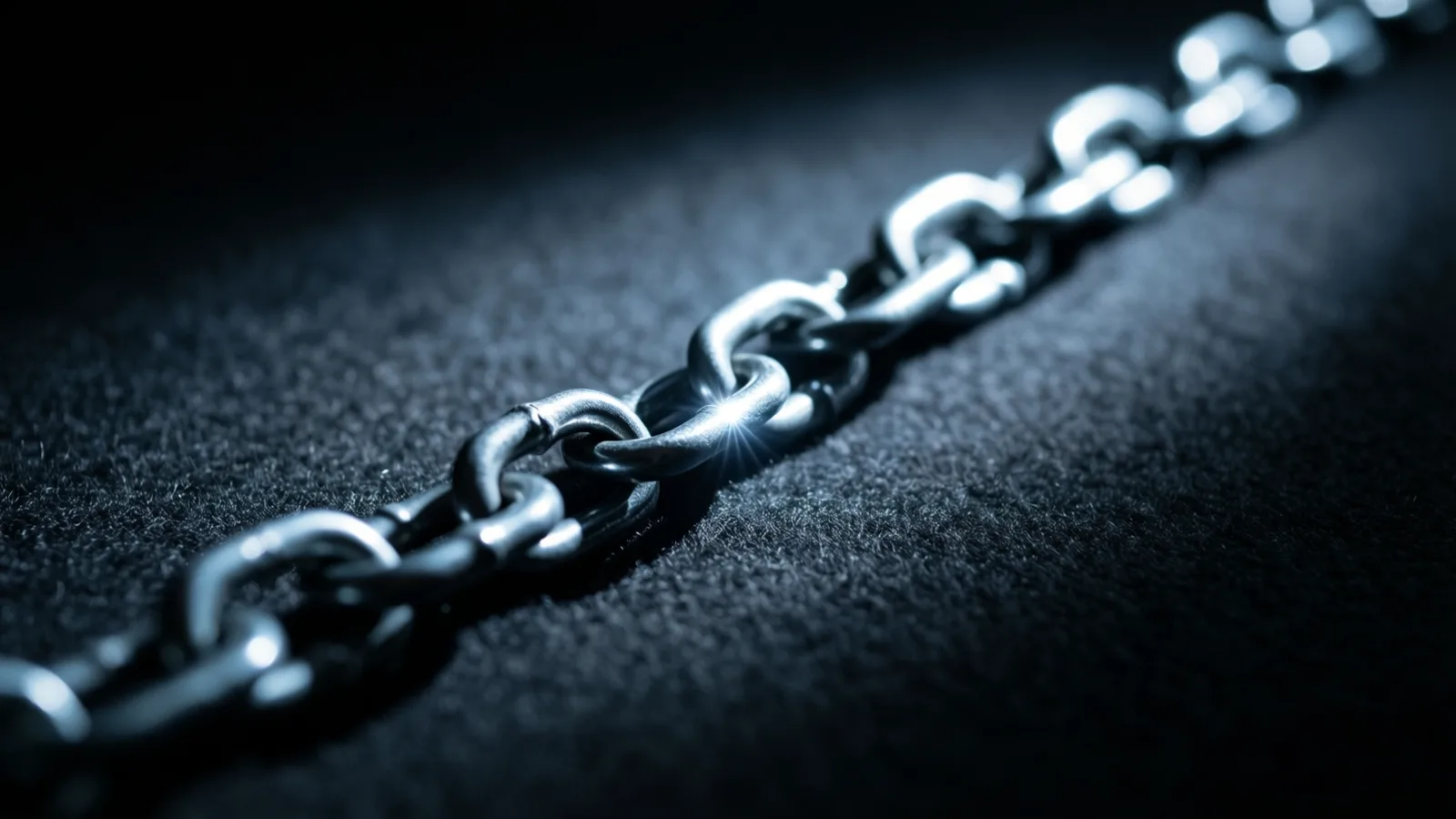 A row of plain metal chain links laid across dark felt, one link catching a bright cool-toned glint of light.